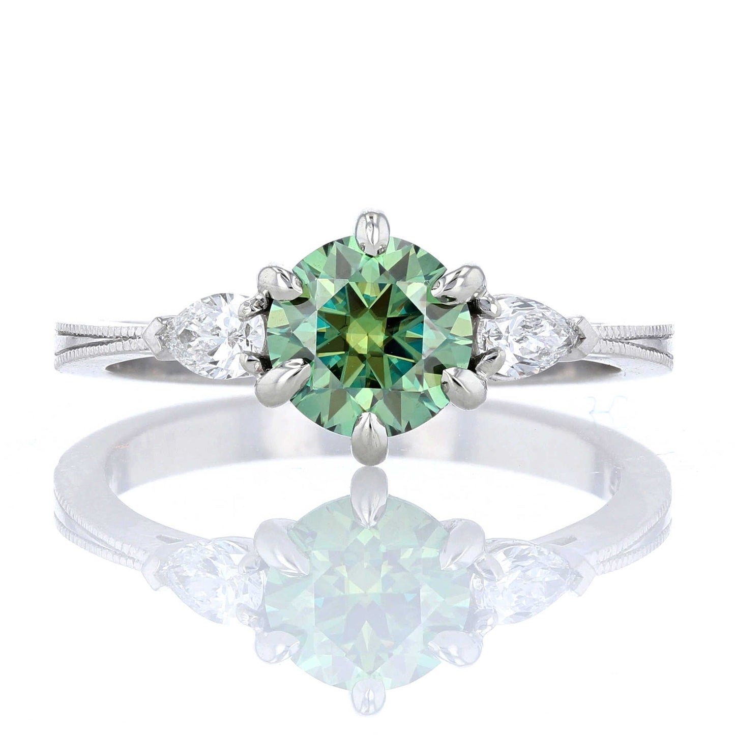 Green Moissanite Three Stone Engagement Ring Front View