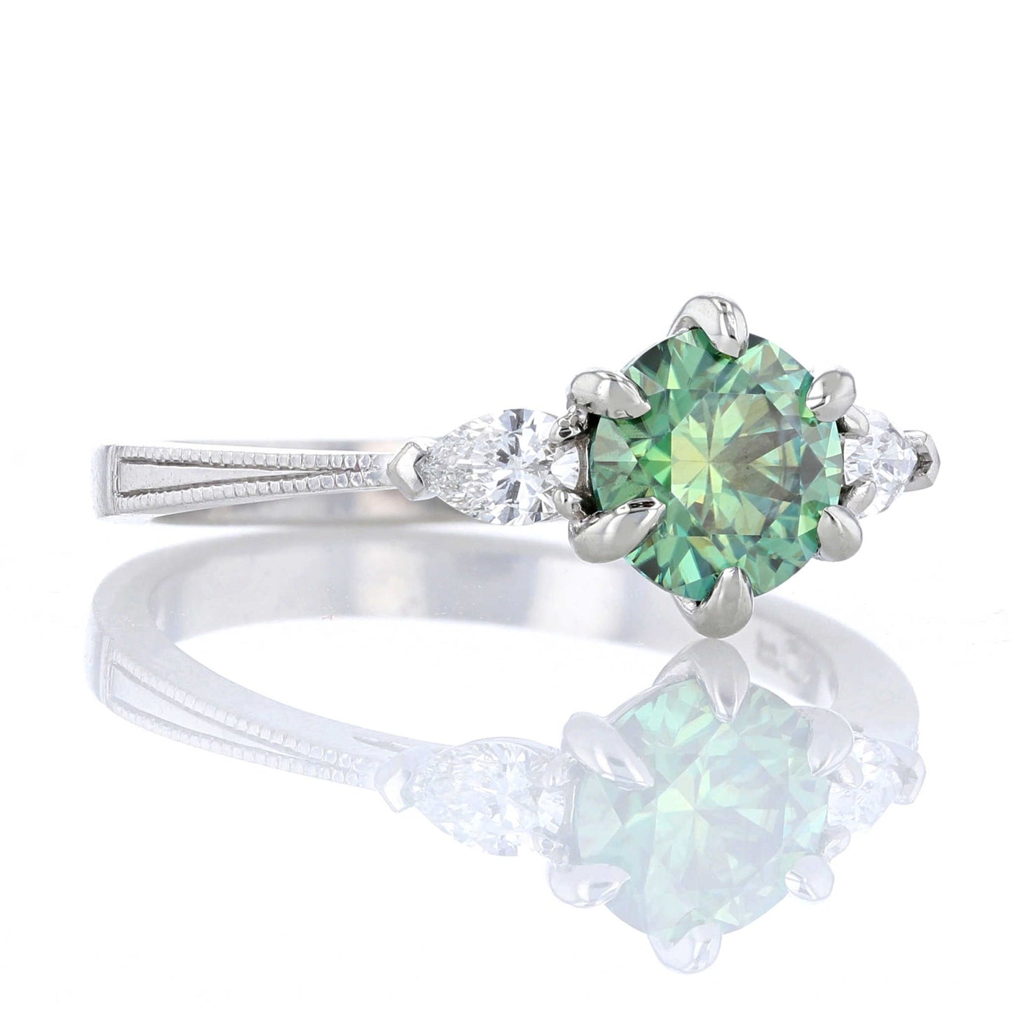 Green Moissanite Three Stone Engagement Ring Side View