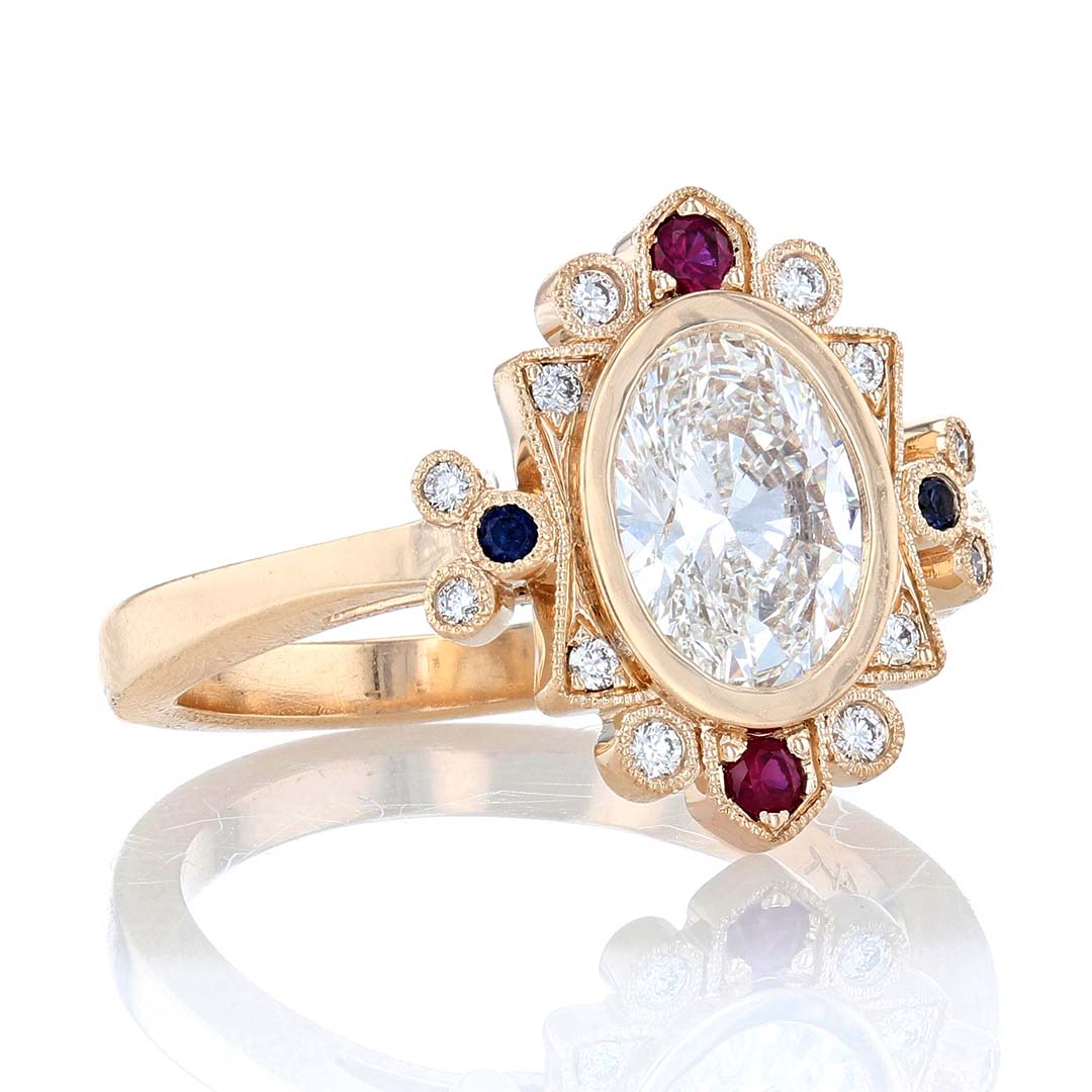 Vintage Ruby & Sapphire Halo Oval Diamond Engagement Ring Side View