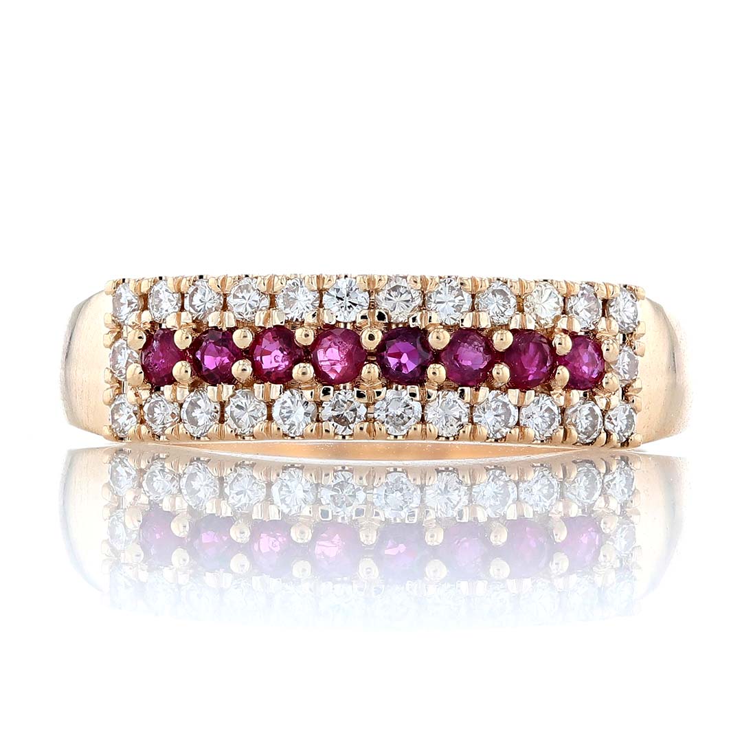 Ruby & Diamond 3 Row Ring Front View