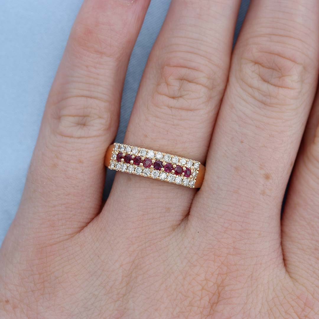 Ruby & Diamond 3 Row Ring on a Finger