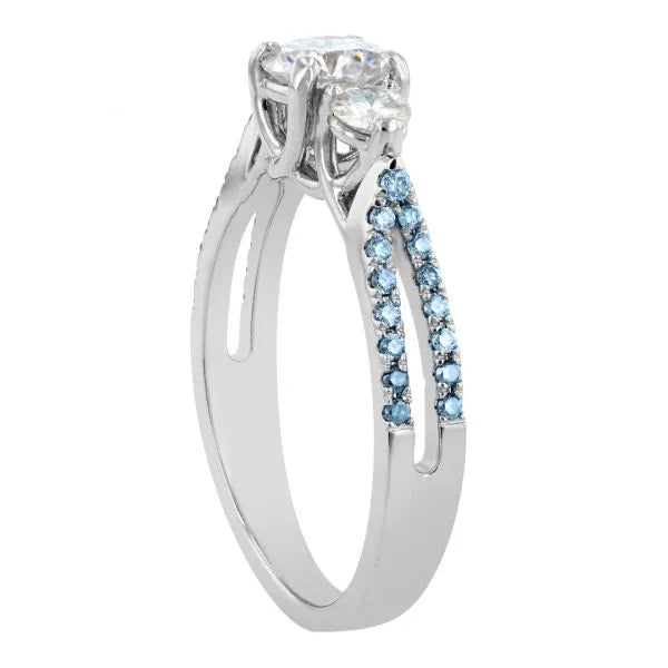 Three stone ring with blue accent diamonds