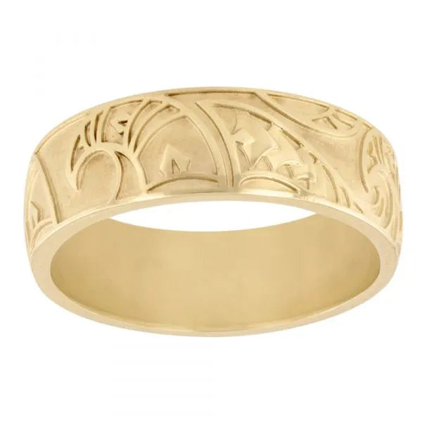 Tribal tattoo engraved band in yellow gold